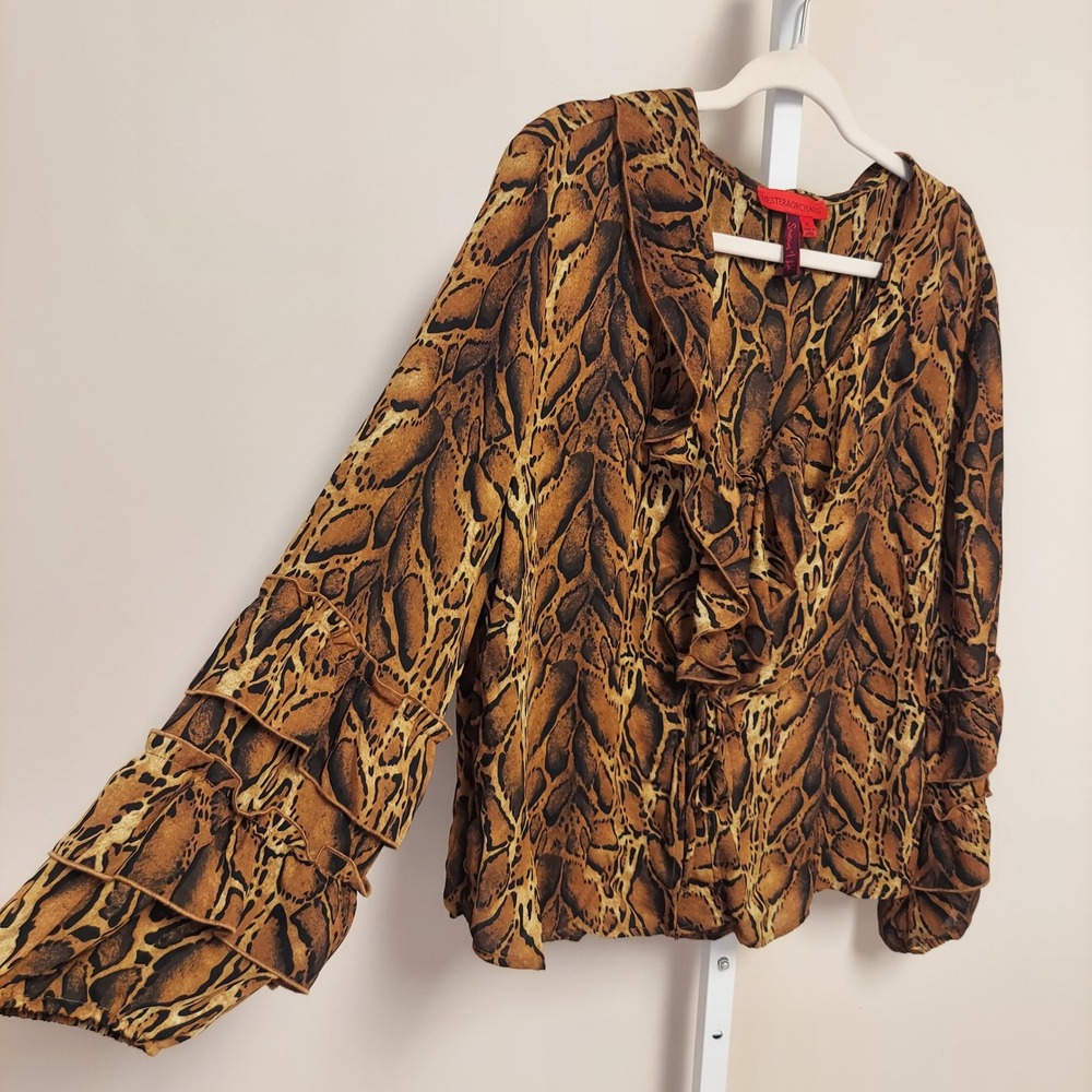 Hester & Orchard Snakeskin Print Ruffle V-Neck Blouse Carigan  XL Mob Wife Boho